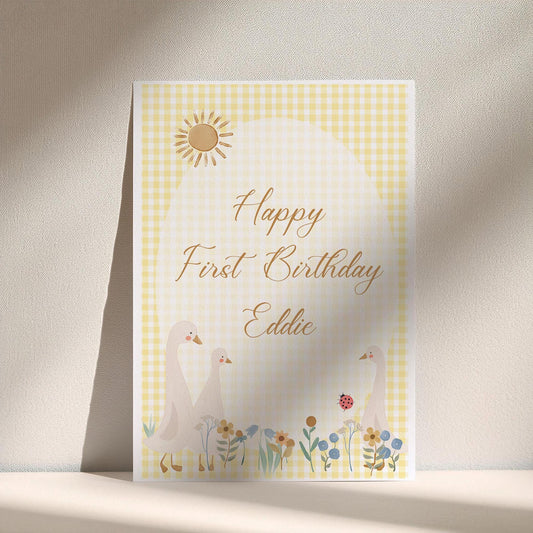 Personalised Cute Geese 1st Birthday Welcome Sign – Custom Printed Party Decoration, Unframed in Multiple Sizes