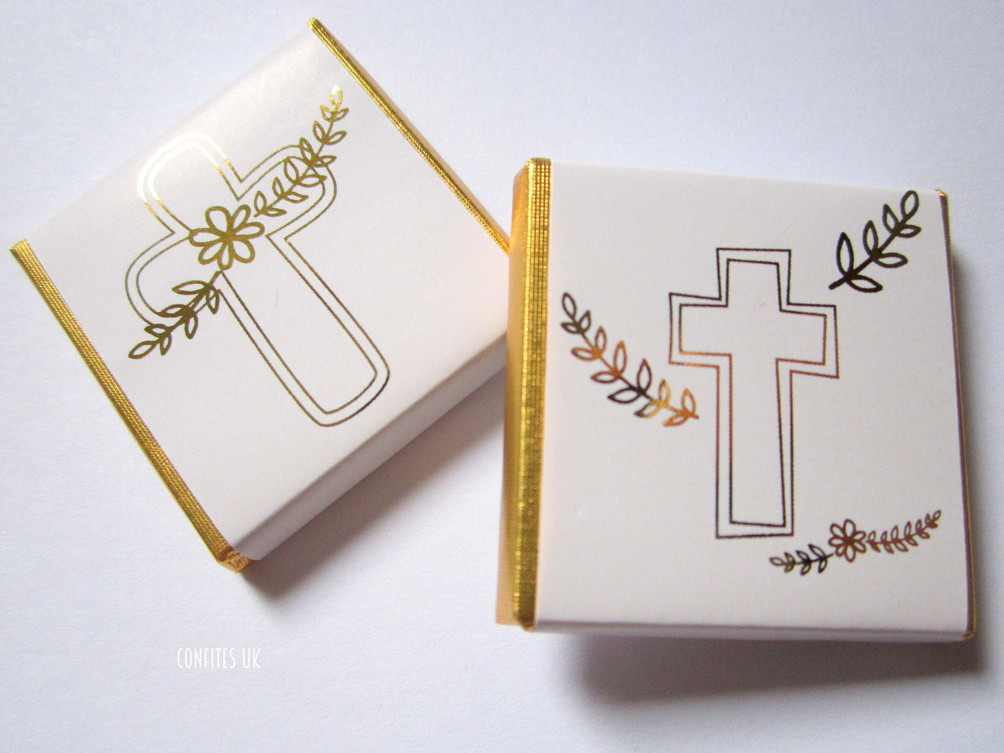 Personalized First Communion Chocolate Favours – Elegant White and Gold Cross, Party Favors & Guest Gifts, Pack of 25