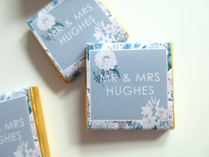 Personalized Blue Wedding Chocolates – Mr & Mrs, Floral Wedding Favours, Pack of 25