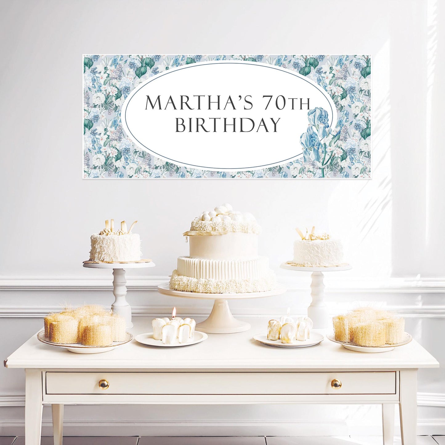 Personalised Blue Floral Birthday Banner – Elegant Party Wall Decor in Satin Paper