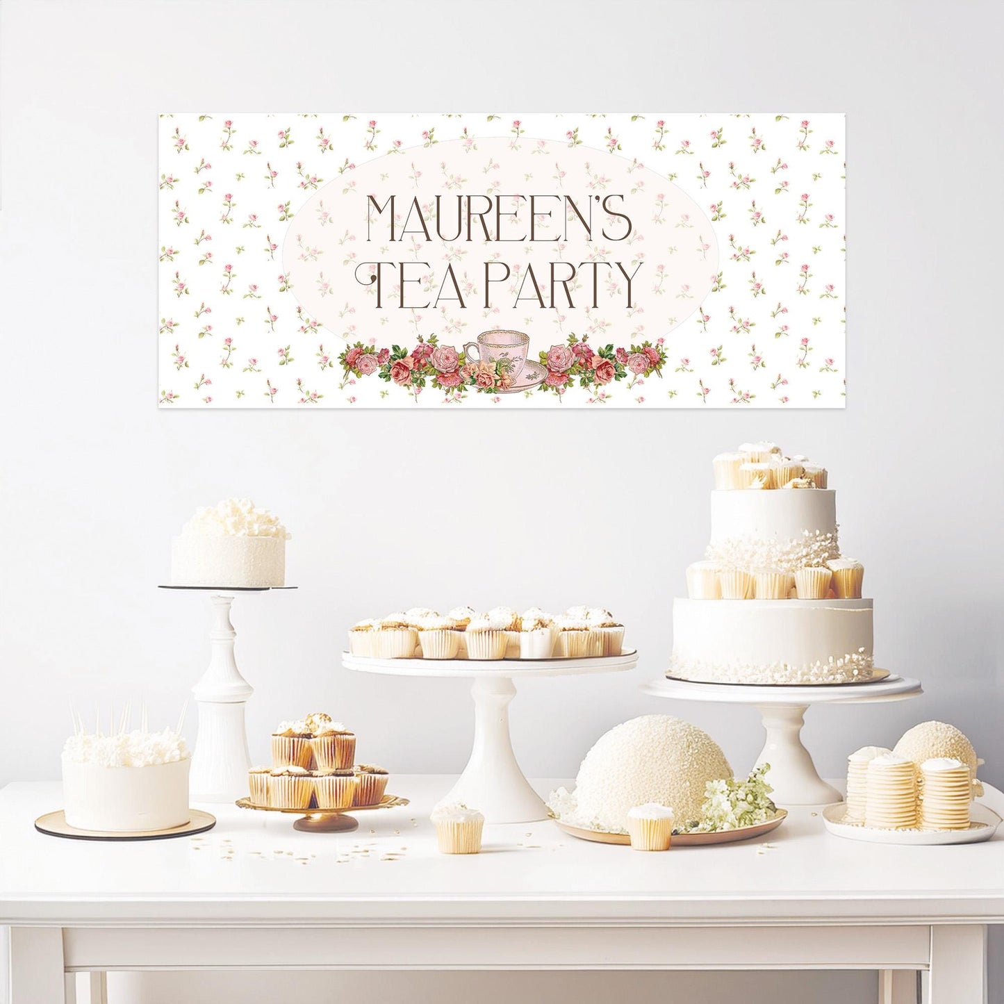 Personalised Tea Party Banner – Birthday Party Wall Decor in Satin Paper, Perfect for Any Occasion