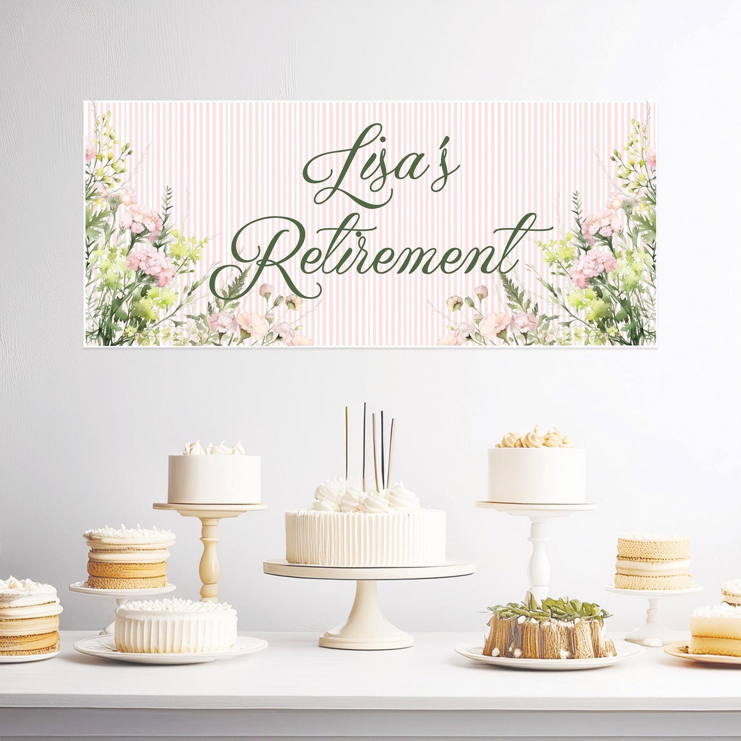 Floral Retirement Party Banner – Personalised Satin Paper Wall Decor