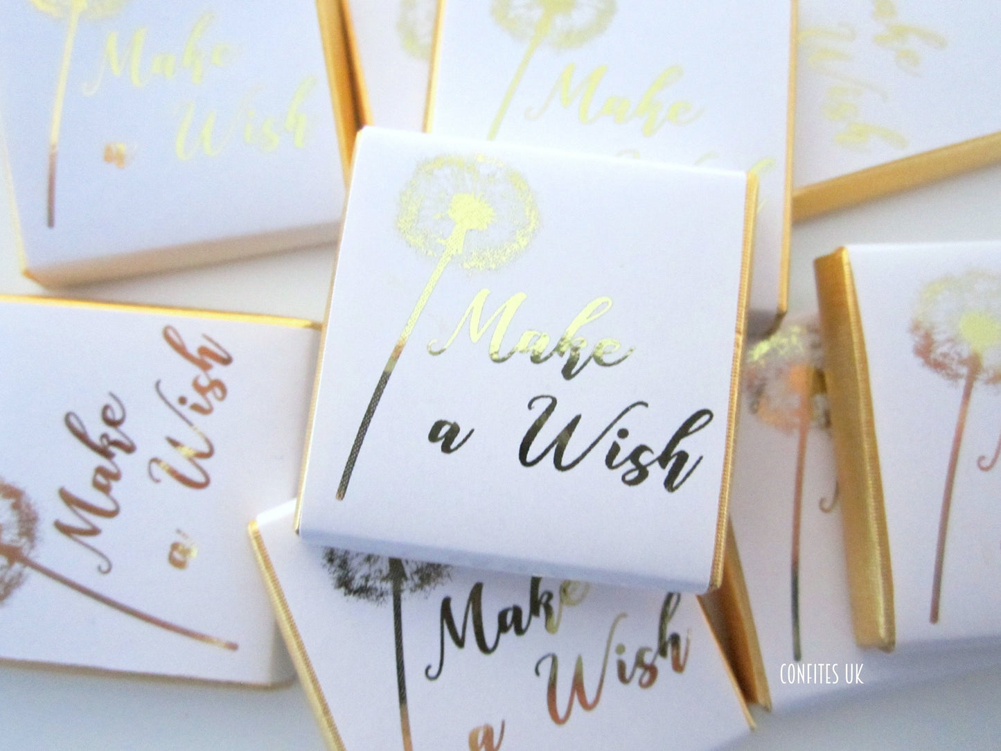 Make A Wish Dandelion Personalized Chocolate Favours – White and Gold Birthday Chocolates (25 pcs)