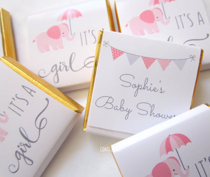 Personalized It's a Girl Chocolate Favours – Cute Elephant Baby Shower Party Favours (Pack of 25)