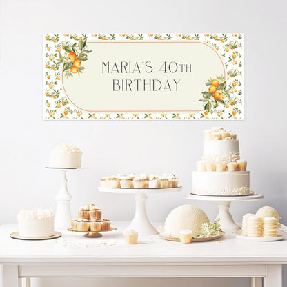 Personalised Mediterranean Oranges Birthday Banner – Custom Satin Paper Wall Decor for Any Occasion