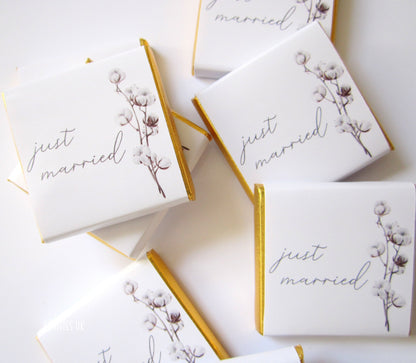 Personalized Just Married Chocolate Favours – Cotton Blossom Wedding Guest Favours (Pack of 25)