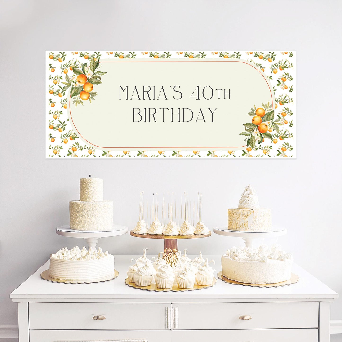 Personalised Mediterranean Oranges Birthday Banner – Custom Satin Paper Wall Decor for Any Occasion