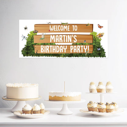 Garden Wildlife Birthday Banner – Personalised Satin Paper Wall Decor for Kids’ Parties