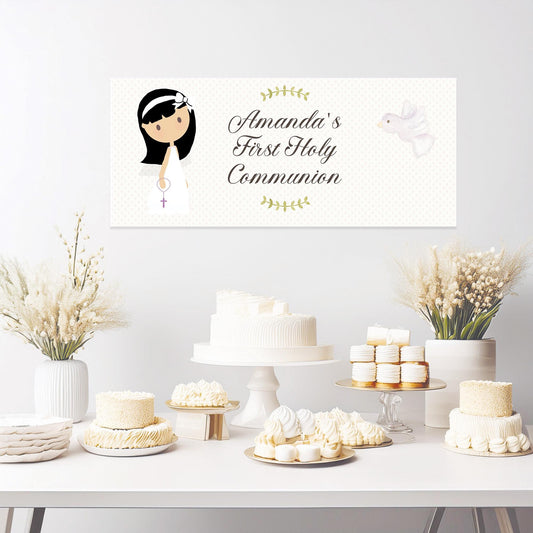 Personalised 1st Communion Banner for Girls with White Bow – Satin Paper Wall Party Decor