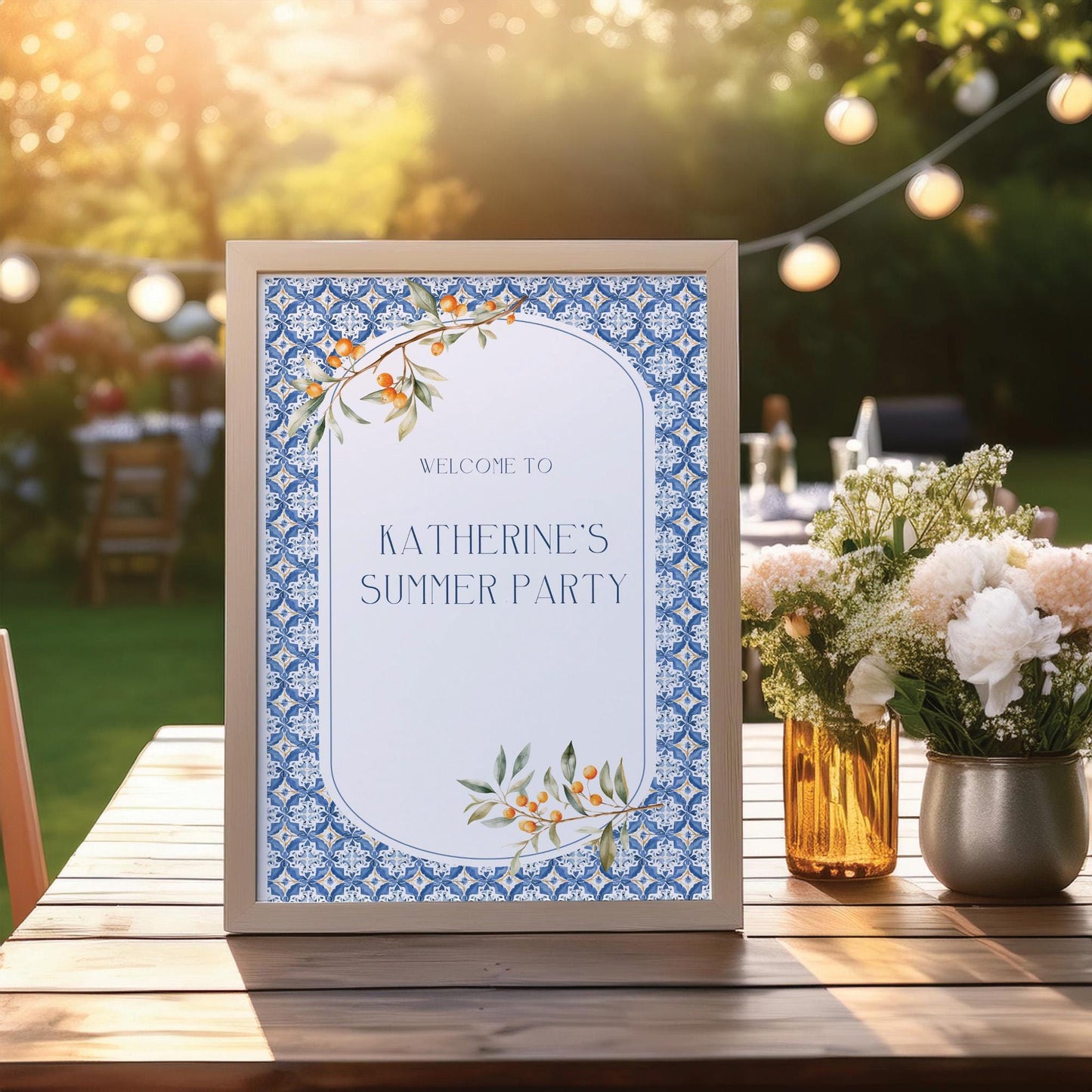 Custom Birthday Sign with Oranges and Blue Tiles – Personalised Printed Table Centrepiece, Unframed in Various Sizes