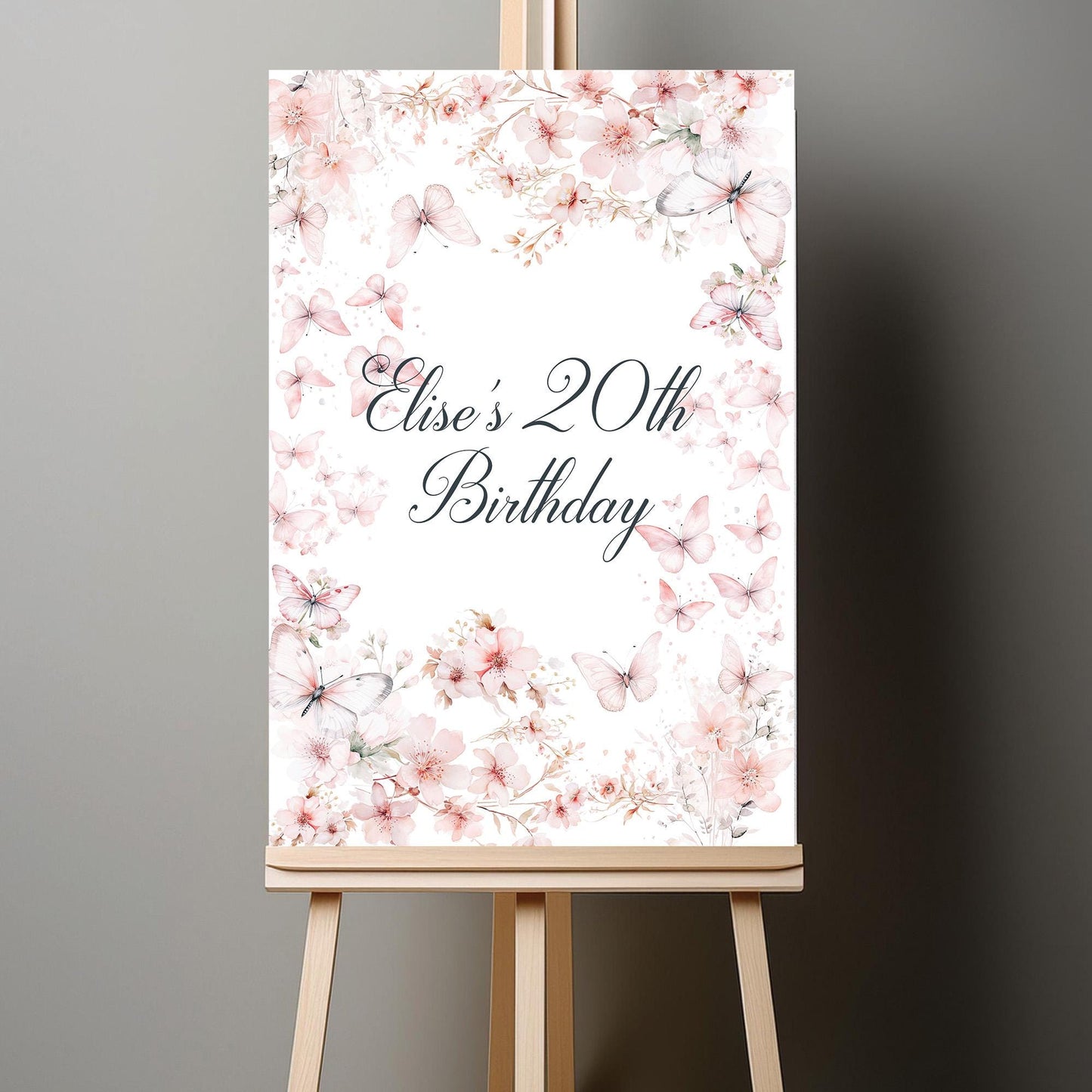 Custom Birthday Sign with Pink Butterflies – Personalised Printed Table Centrepiece, Unframed in Multiple Sizes