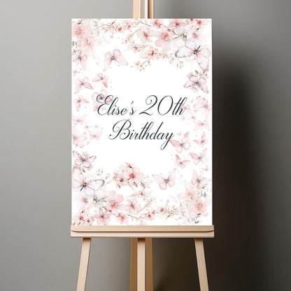 Custom Birthday Sign with Pink Butterflies – Personalised Printed Table Centrepiece, Unframed in Multiple Sizes