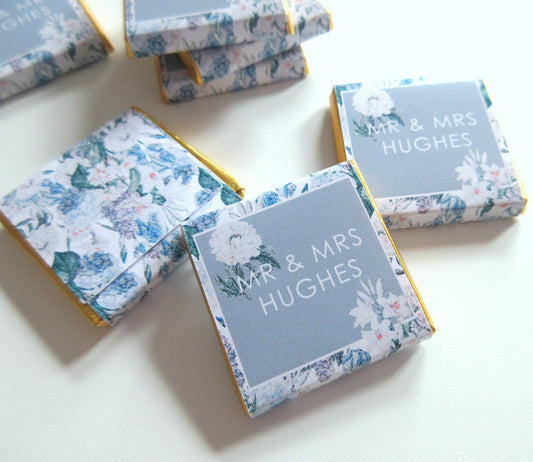 Personalized Blue Wedding Chocolates – Mr & Mrs, Floral Wedding Favours, Pack of 25