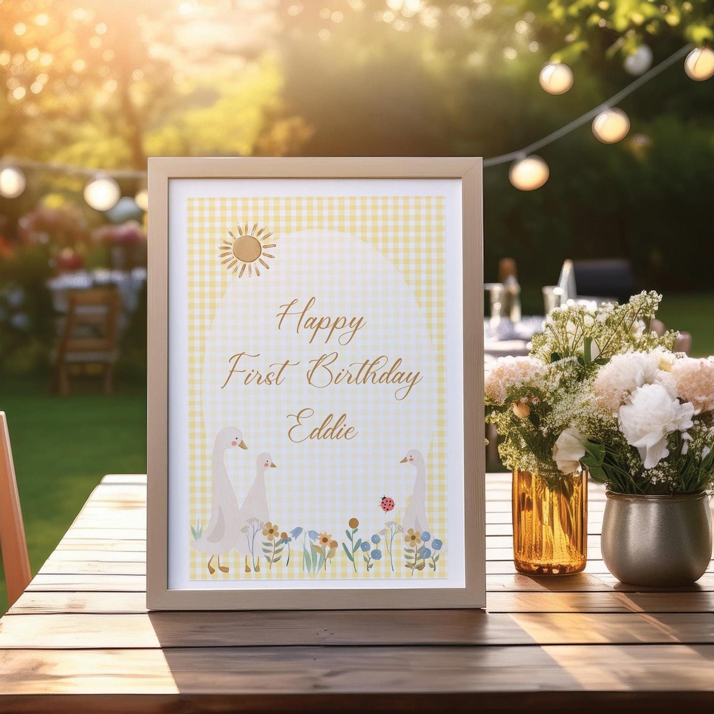 Personalised Cute Geese 1st Birthday Welcome Sign – Custom Printed Party Decoration, Unframed in Multiple Sizes