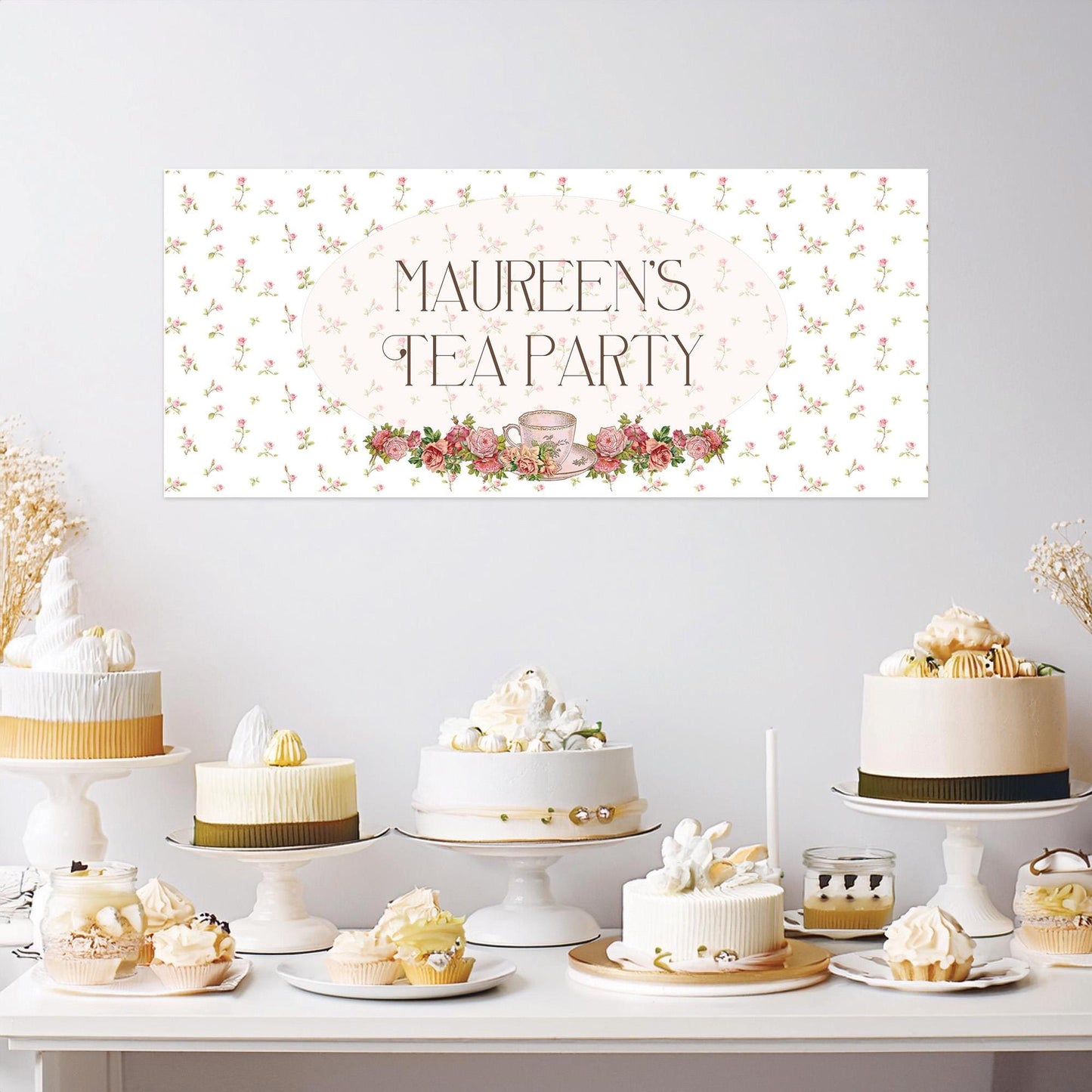 Personalised Tea Party Banner – Birthday Party Wall Decor in Satin Paper, Perfect for Any Occasion