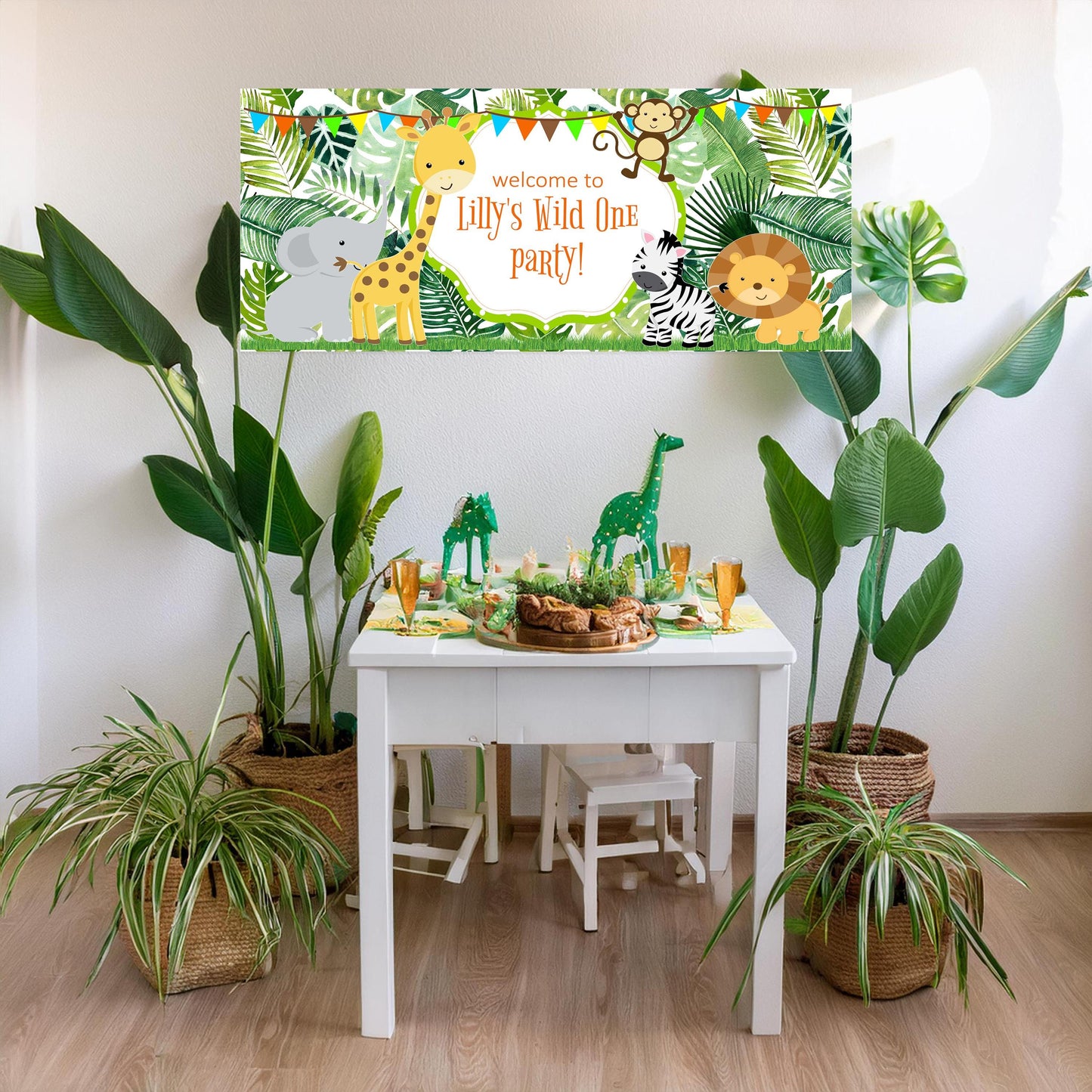 Jungle Safari Birthday Banner, Birthday Party Wall decor in satin paper