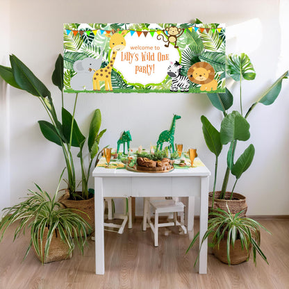 Jungle Safari Birthday Banner, Birthday Party Wall decor in satin paper