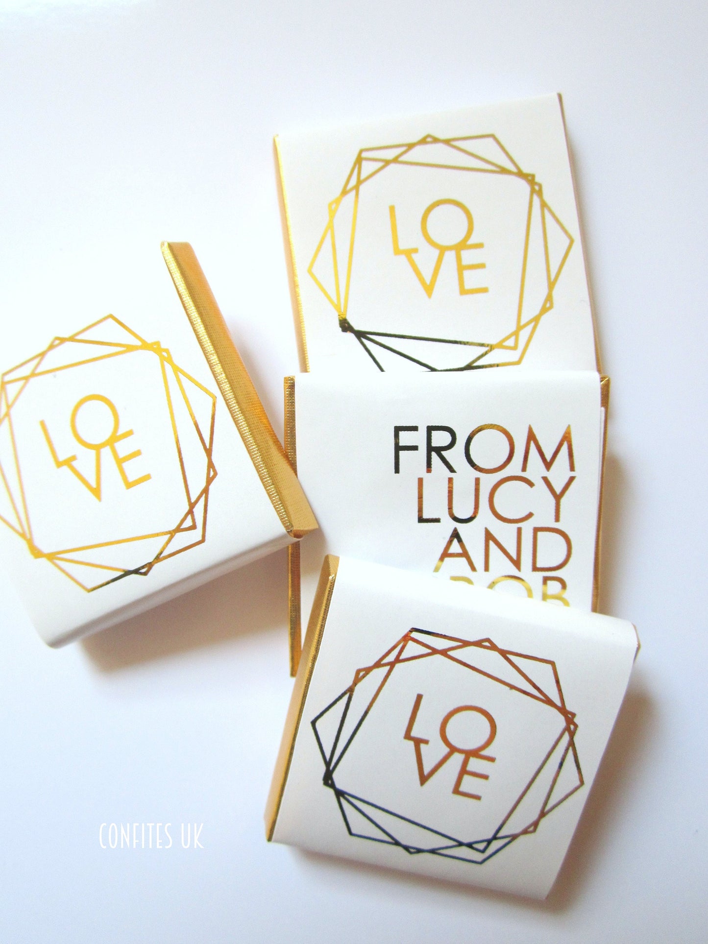 Wedding Love Personalized Chocolate Favours – Elegant White & Gold Geometric Design (Set of 25)