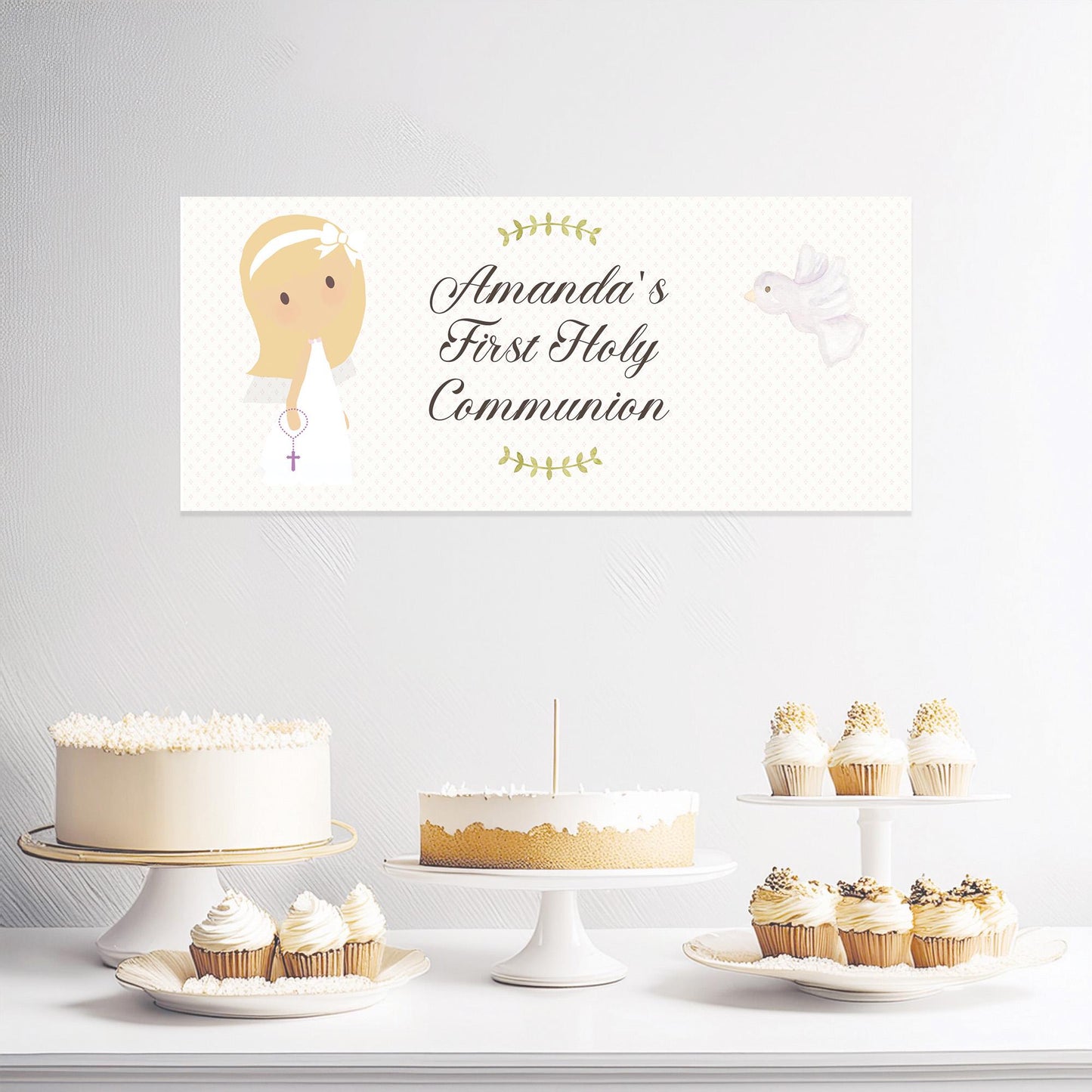 Personalised 1st Communion Banner for Girls with White Bow – Satin Paper Wall Party Decor