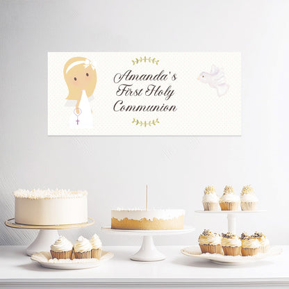 Personalised 1st Communion Banner for Girls with White Bow – Satin Paper Wall Party Decor