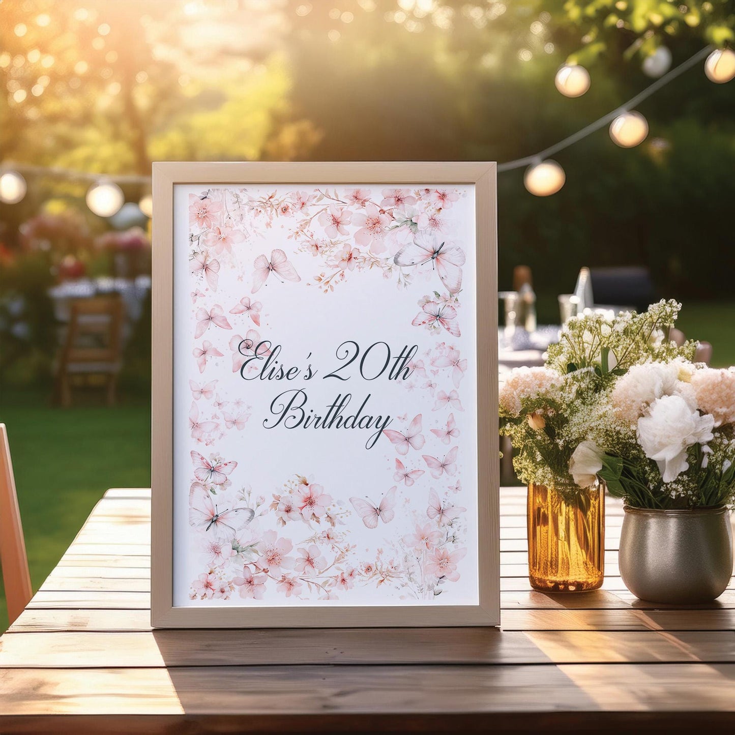Custom Birthday Sign with Pink Butterflies – Personalised Printed Table Centrepiece, Unframed in Multiple Sizes