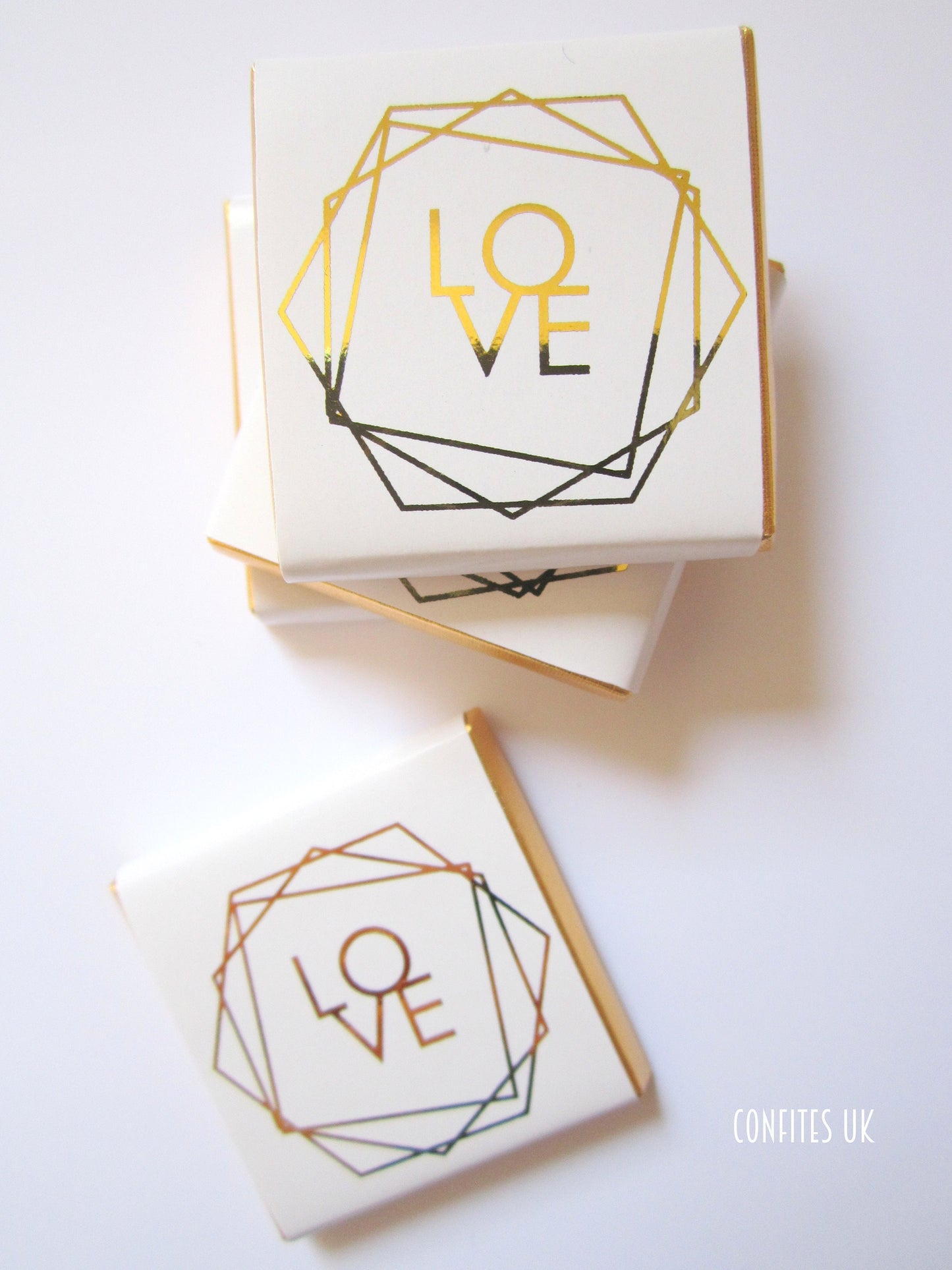 Wedding Love Personalized Chocolate Favours – Elegant White & Gold Geometric Design (Set of 25)