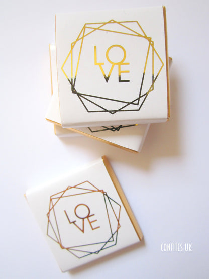 Wedding Love Personalized Chocolate Favours – Elegant White & Gold Geometric Design (Set of 25)