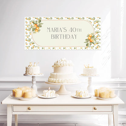 Personalised Mediterranean Oranges Birthday Banner – Custom Satin Paper Wall Decor for Any Occasion