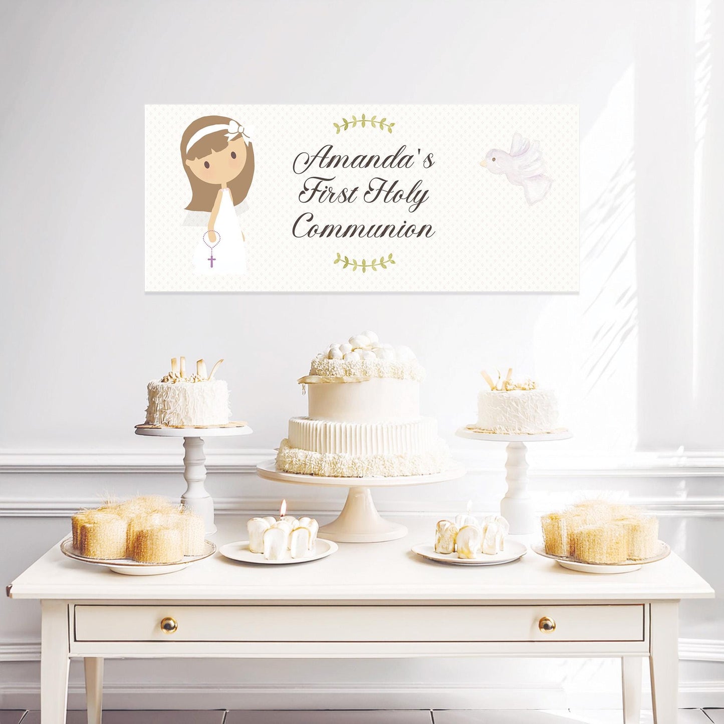 Personalised 1st Communion Banner for Girls with White Bow – Satin Paper Wall Party Decor
