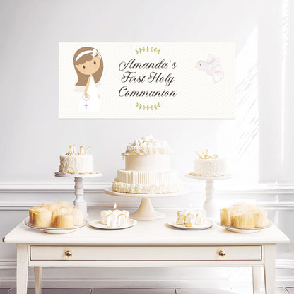Personalised 1st Communion Banner for Girls with White Bow – Satin Paper Wall Party Decor