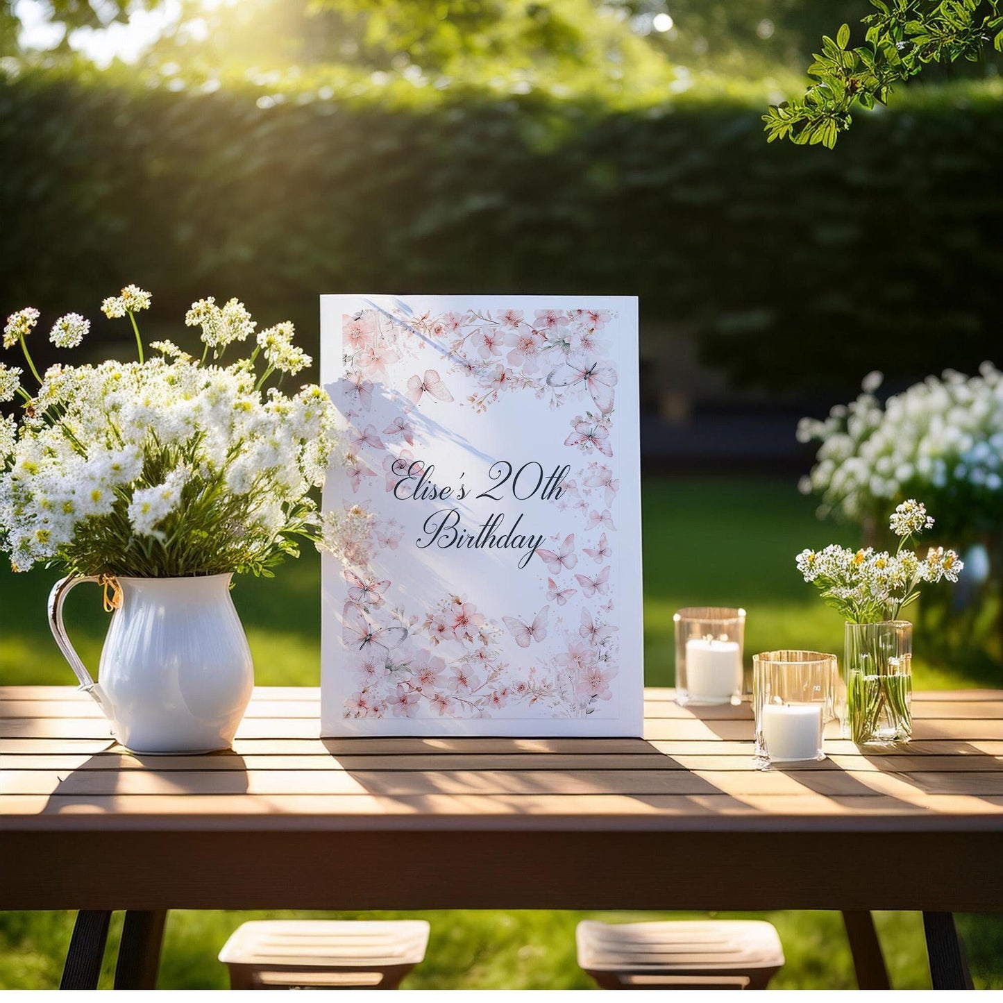 Custom Birthday Sign with Pink Butterflies – Personalised Printed Table Centrepiece, Unframed in Multiple Sizes