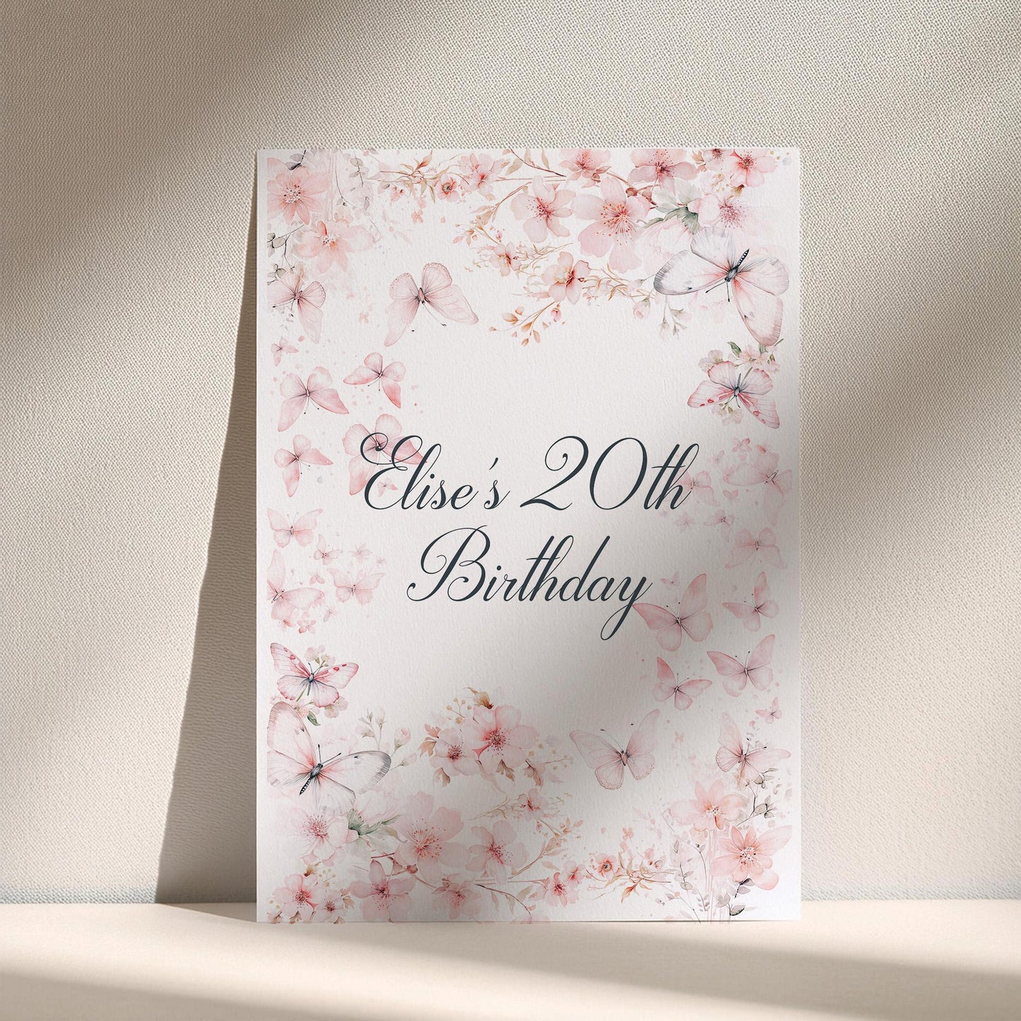 Custom Birthday Sign with Pink Butterflies – Personalised Printed Table Centrepiece, Unframed in Multiple Sizes