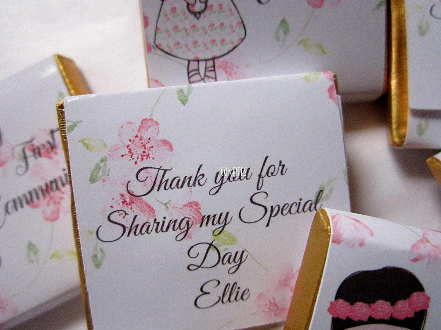 1st Communion Girls Personalised Chocolate favours, Pink Roses, guests favours, pack of 25