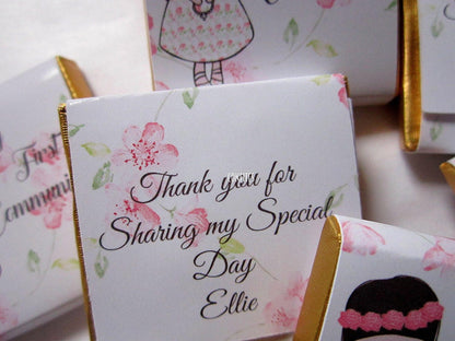 1st Communion Girls Personalised Chocolate favours, Pink Roses, guests favours, pack of 25