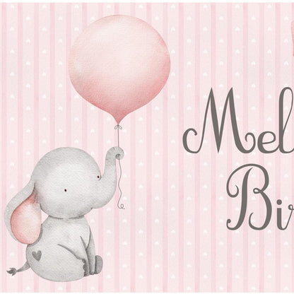 Personalised 1st Birthday Banner Baby Elephant – Satin Paper Wall Decor for Girl's Birthday Party