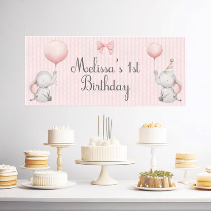Personalised 1st Birthday Banner Baby Elephant – Satin Paper Wall Decor for Girl's Birthday Party