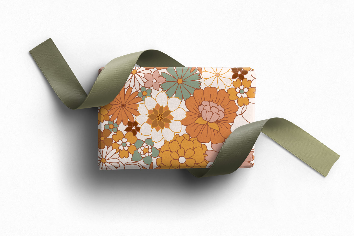 Retro floral wrapping paper with bold 70s-style flowers