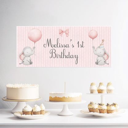 Personalised 1st Birthday Banner Baby Elephant – Satin Paper Wall Decor for Girl's Birthday Party