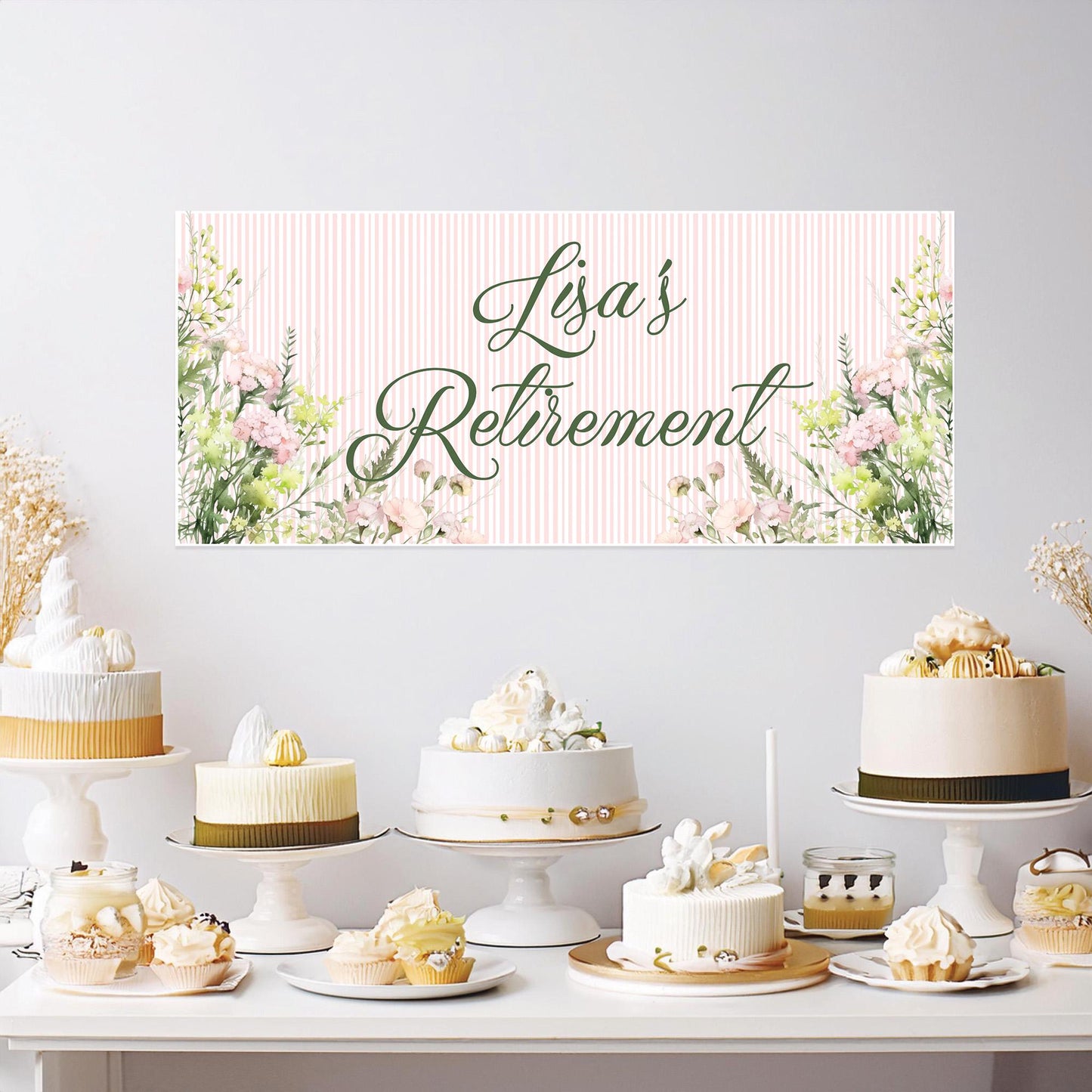 Floral Retirement Party Banner – Personalised Satin Paper Wall Decor