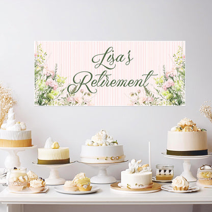 Floral Retirement Party Banner – Personalised Satin Paper Wall Decor