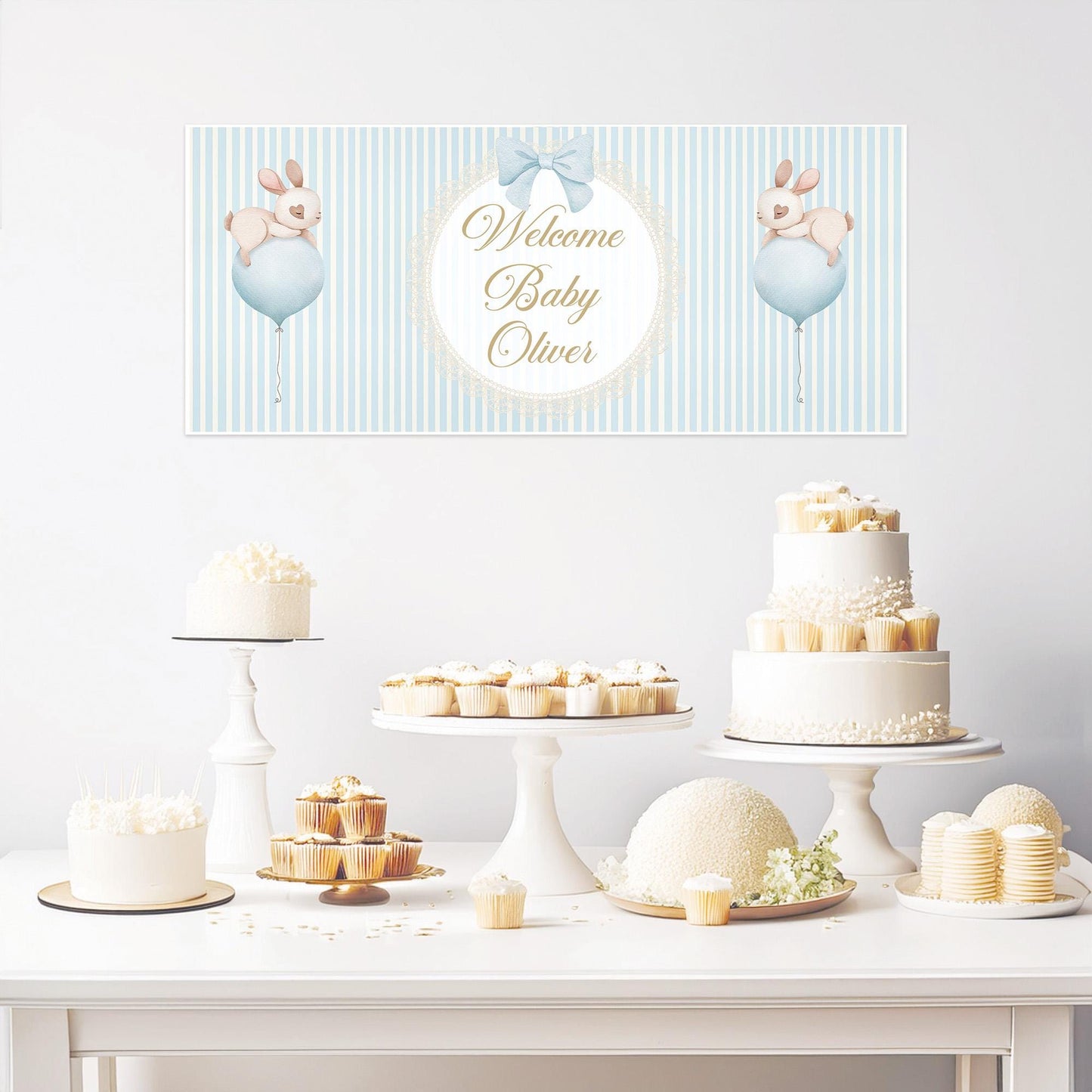 Welcome Baby Boy Personalised Banner in Pastel Blue – Custom Baby Shower Wall Decor in Satin Paper