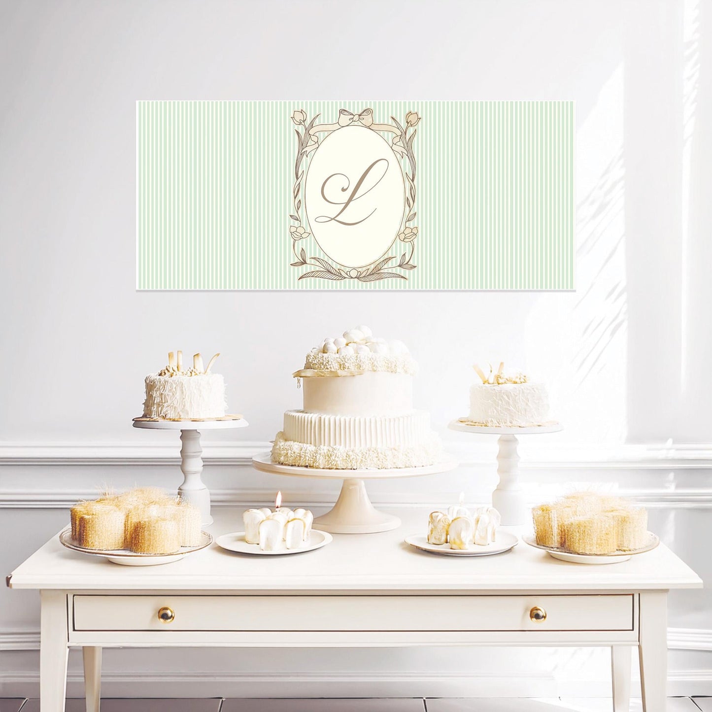 Personalised French Style Birthday Banner – Soft Green Stripes & Monogram Design