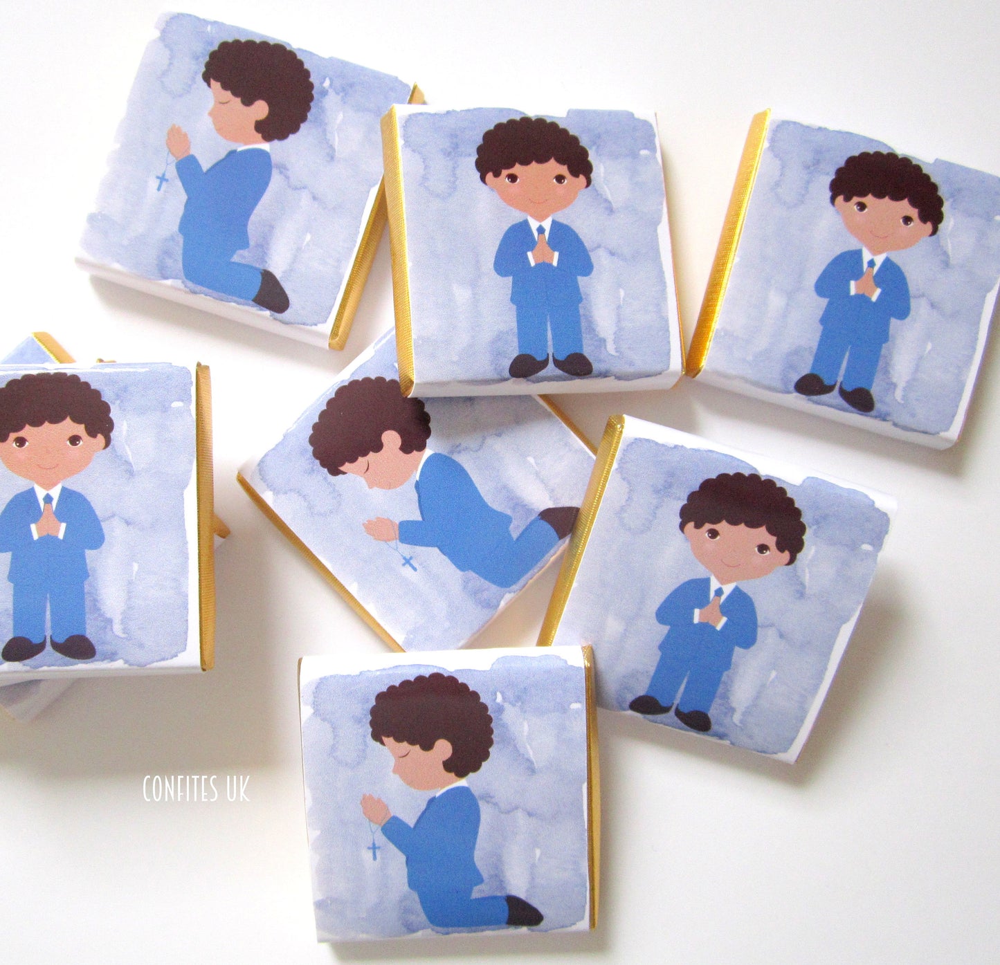 Custom 1st Communion Chocolate Favours for Young Boys – Curly Hair Party Treats (Pack of 25)