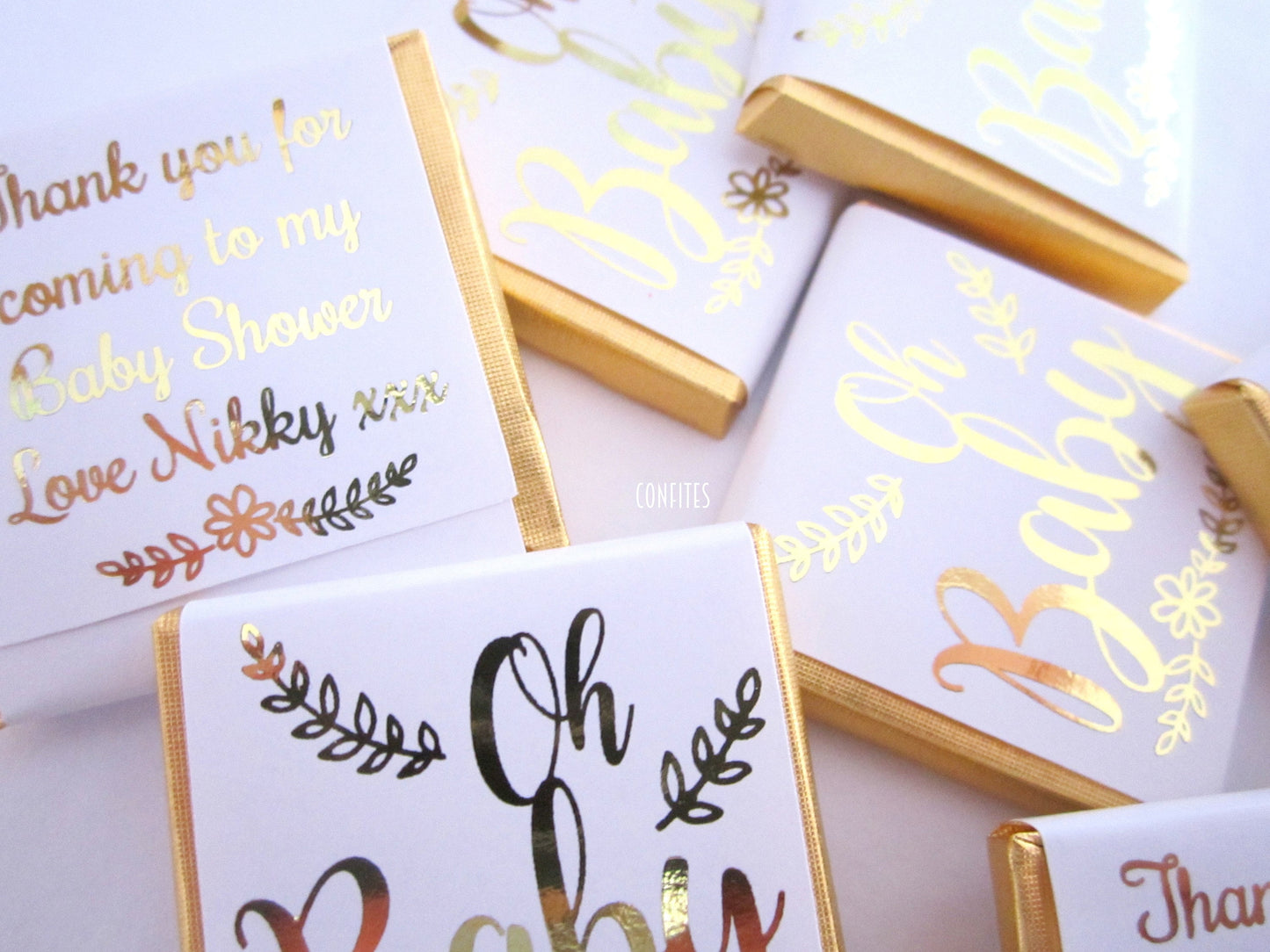 Gold baby shower Personalised Chocolate favours, "Oh Baby", boys or girls, Gold Print - pack of 25 pcs