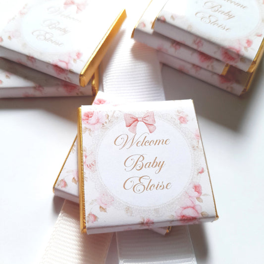 Welcome Baby Girl Personalized Chocolate Favours – Party Bag Fillers, Pack of 25