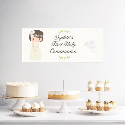 Personalised 1st Communion Banner for Girls with Short Hair – Satin Paper Wall Party Decor