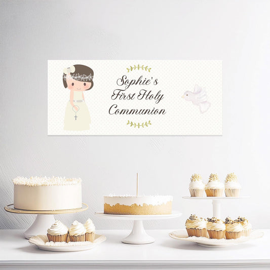 Personalised 1st Communion Banner for Girls with Short Hair – Satin Paper Wall Party Decor