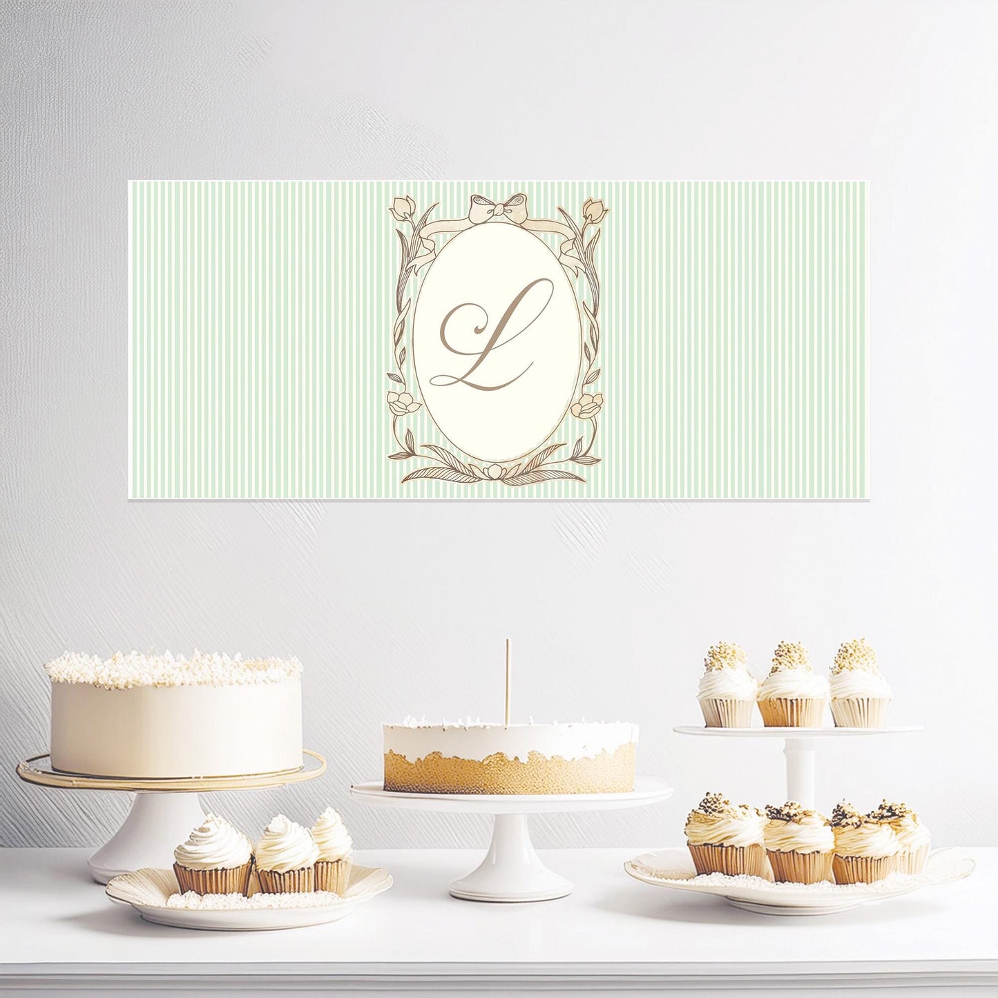 Personalised French Style Birthday Banner – Soft Green Stripes & Monogram Design