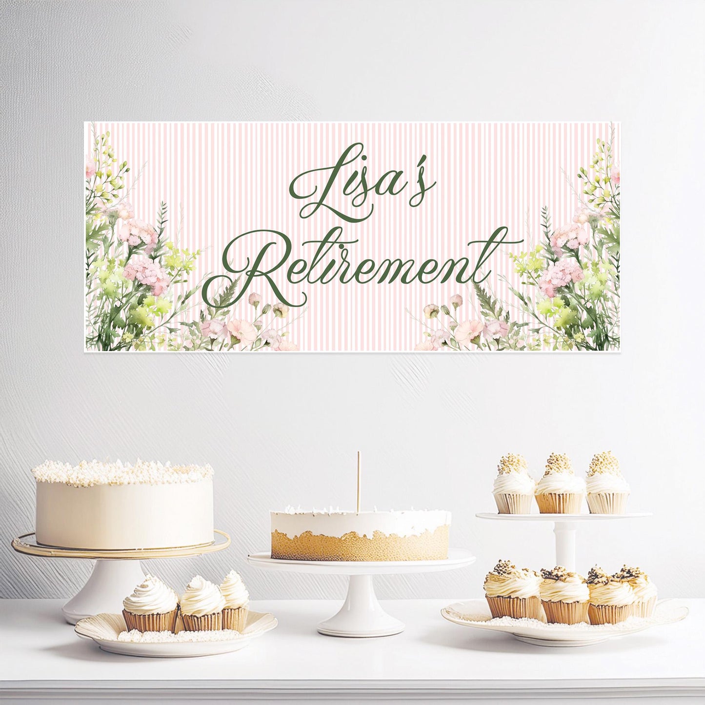 Floral Retirement Party Banner – Personalised Satin Paper Wall Decor