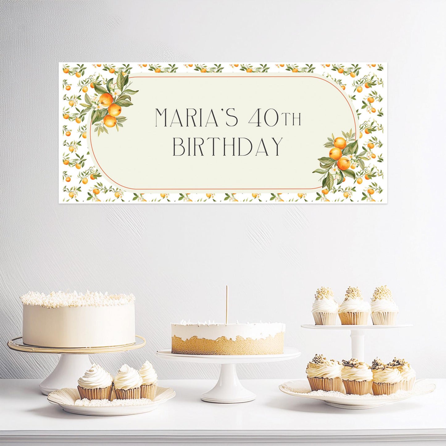 Personalised Mediterranean Oranges Birthday Banner – Custom Satin Paper Wall Decor for Any Occasion